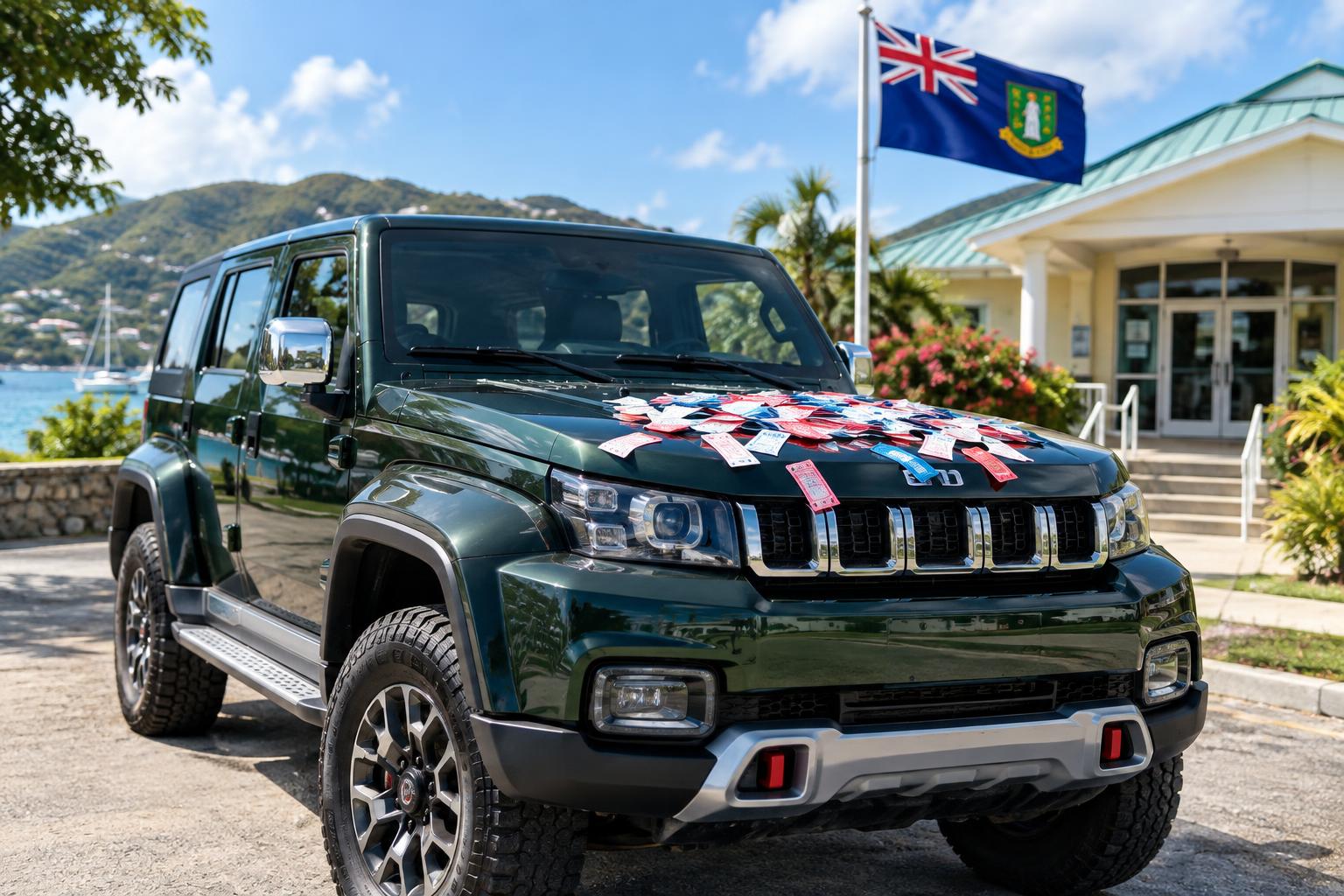 A shiny new BAIC BJ40 PLUS SUV parked in front of a community centre with the British Virgin Islands flag flying nearby, raffle tickets scattered on the bonnet, bright daylight, cinematic depth of field
