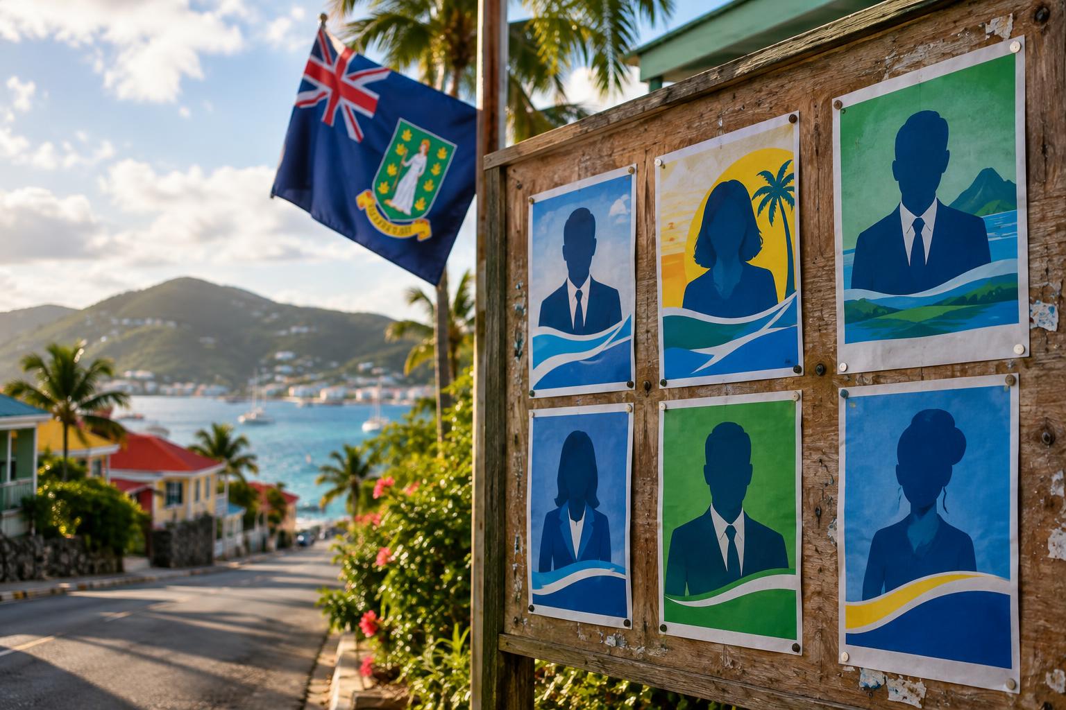 A campaign poster or bulletin board with multiple candidate notices and the BVI flag, set against a tropical street scene, soft afternoon light, no identifiable faces or people