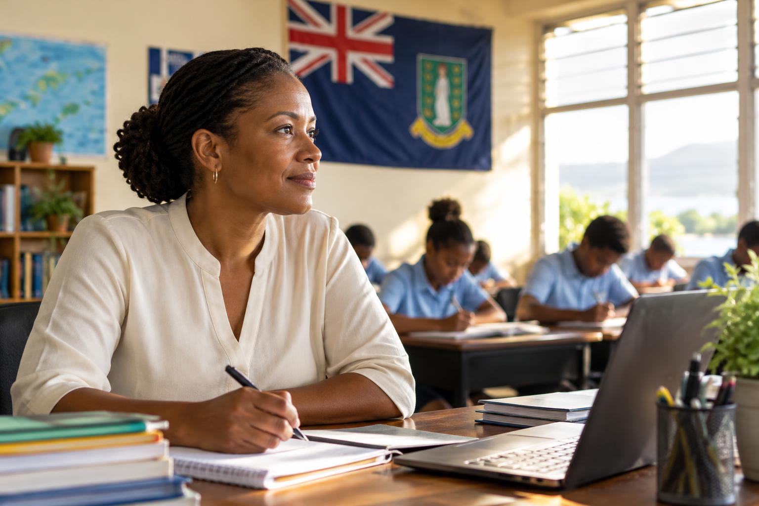 A classroom scene with a teacher at a desk and students in the background, a BVI flag visible on the wall, warm natural light from windows, suggesting dedication and mentorship in education