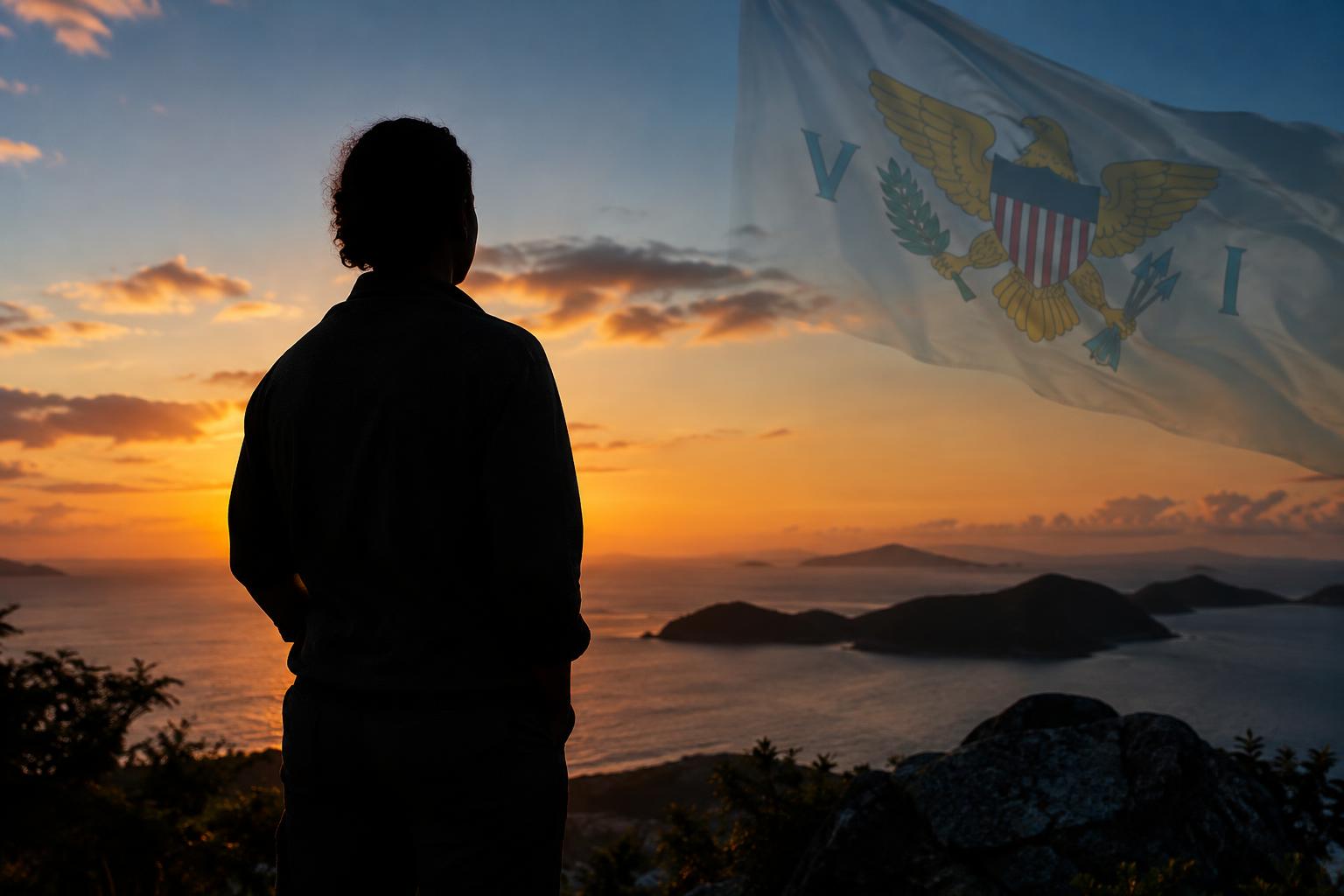 A silhouetted figure standing alone, looking out toward the horizon at dusk, with the US Virgin Islands flag subtly visible in the background. Contemplative mood, warm golden light fading to blue, representing introspection and the weight of trust.