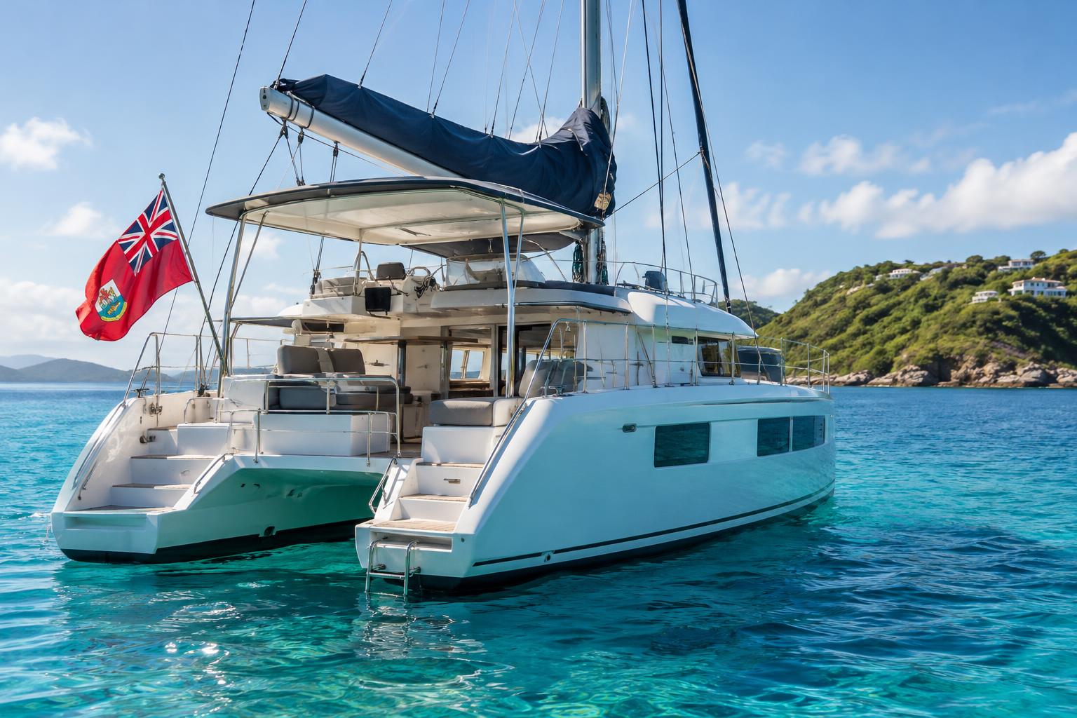 A luxury sailboat anchored in clear turquoise Caribbean waters with the British Virgin Islands flag flying from the stern, morning sunlight on the water, professional charter vessel