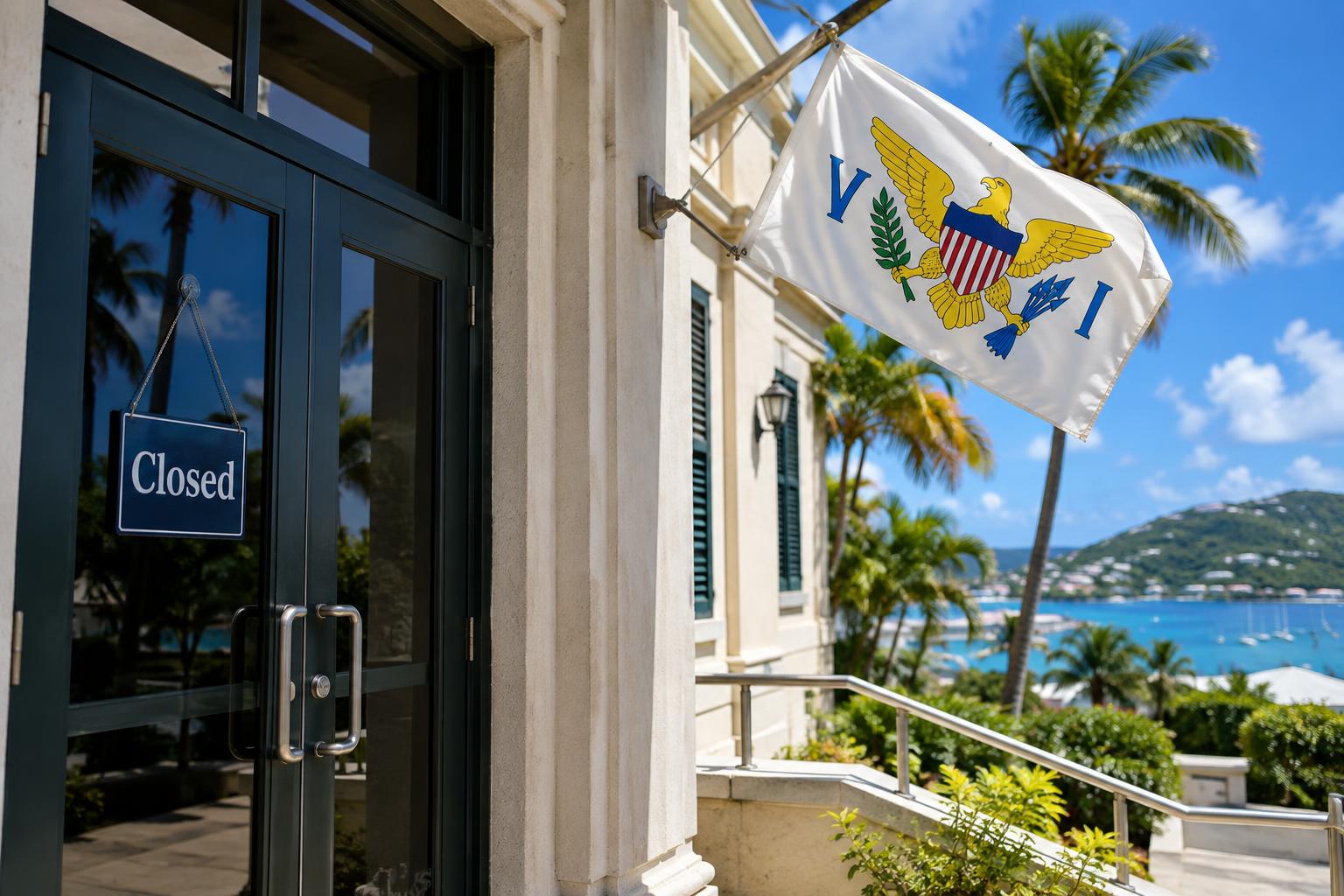 A closed government office building with a 'Closed' sign on the door, the US Virgin Islands flag hanging nearby, palm trees and blue Caribbean sky in the background, bright midday light
