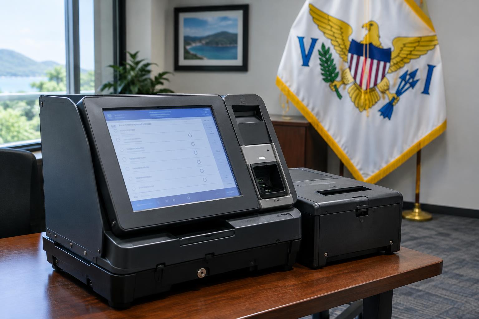 A modern voting machine (ExpressVote or DS200 model) displayed in an office setting with the US Virgin Islands flag visible in the background, neutral lighting, professional environment, no people visible