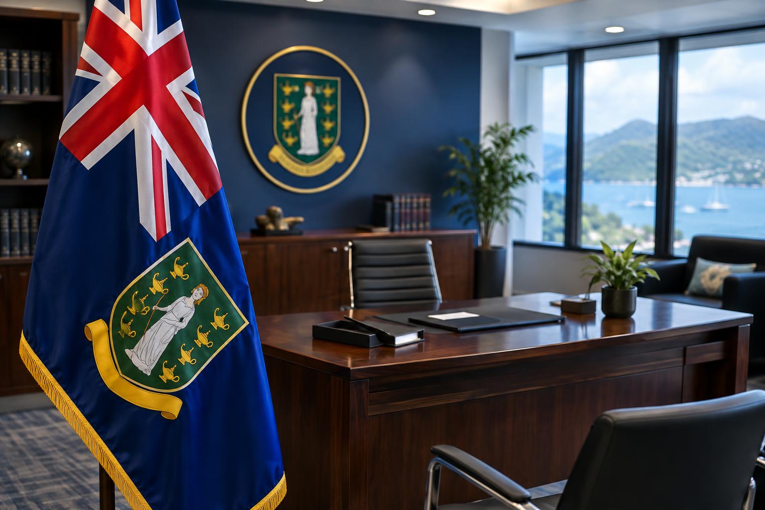A modern government office interior with the British Virgin Islands flag displayed prominently, desks and official seals visible, professional lighting, no people