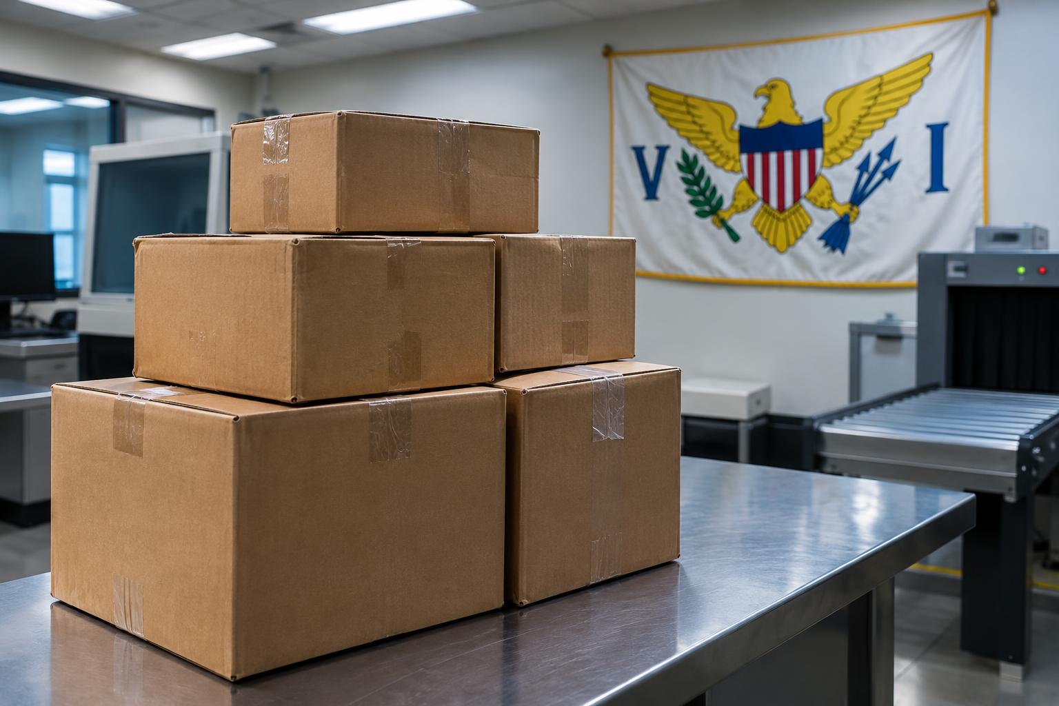 Stacked cardboard shipping boxes on a customs inspection table with the U.S. Virgin Islands flag visible in the background, fluorescent lighting, professional government office setting, no people visible.