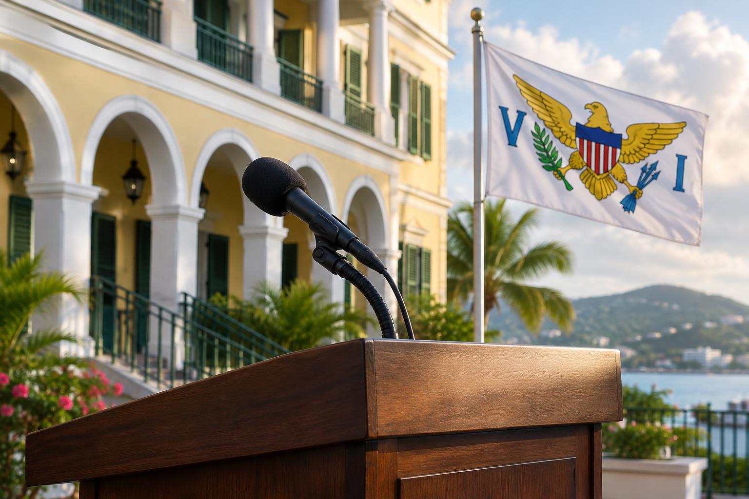 A microphone and podium set against a Caribbean government building facade with the US Virgin Islands flag, soft morning light, no people visible
