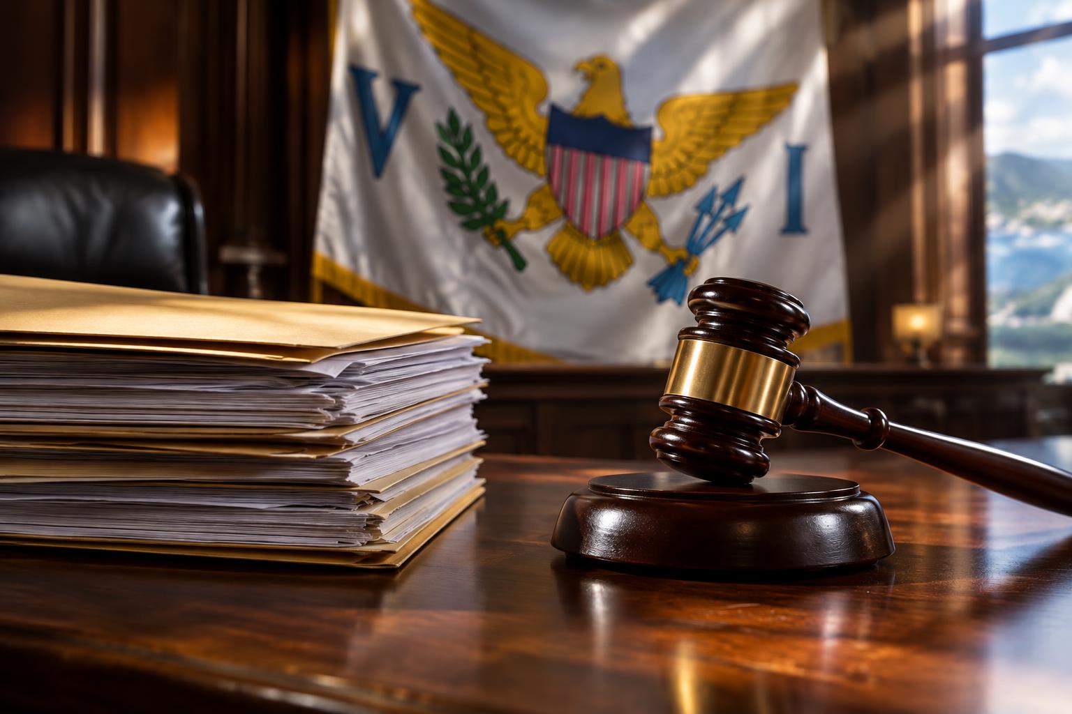 A stack of legal documents and a gavel on a desk with the US Virgin Islands flag in the background, dramatic courtroom lighting, no people visible