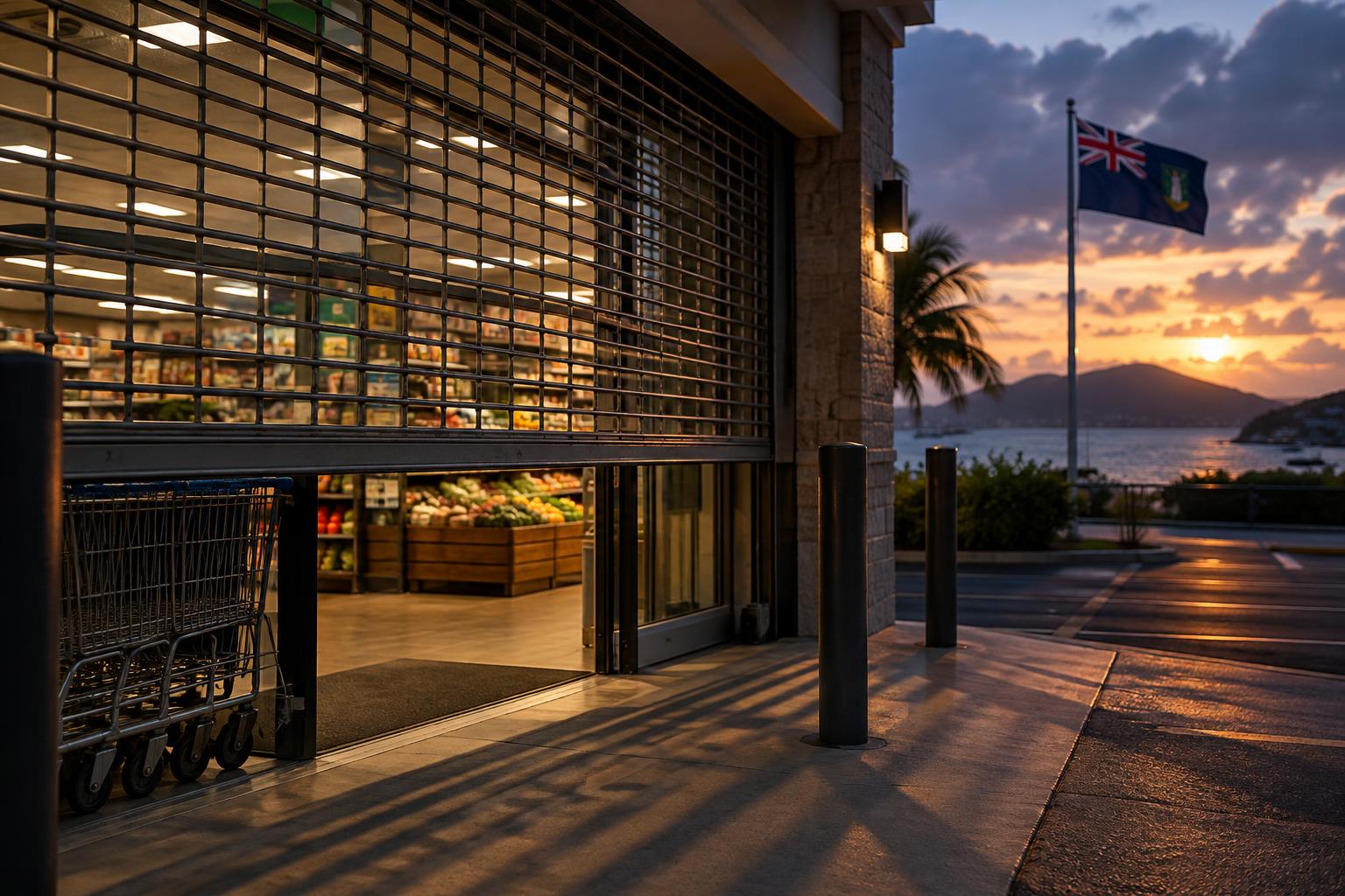 A supermarket storefront at dusk with security gate partially closed, the British Virgin Islands flag visible in the background, dramatic evening lighting with long shadows across the entrance