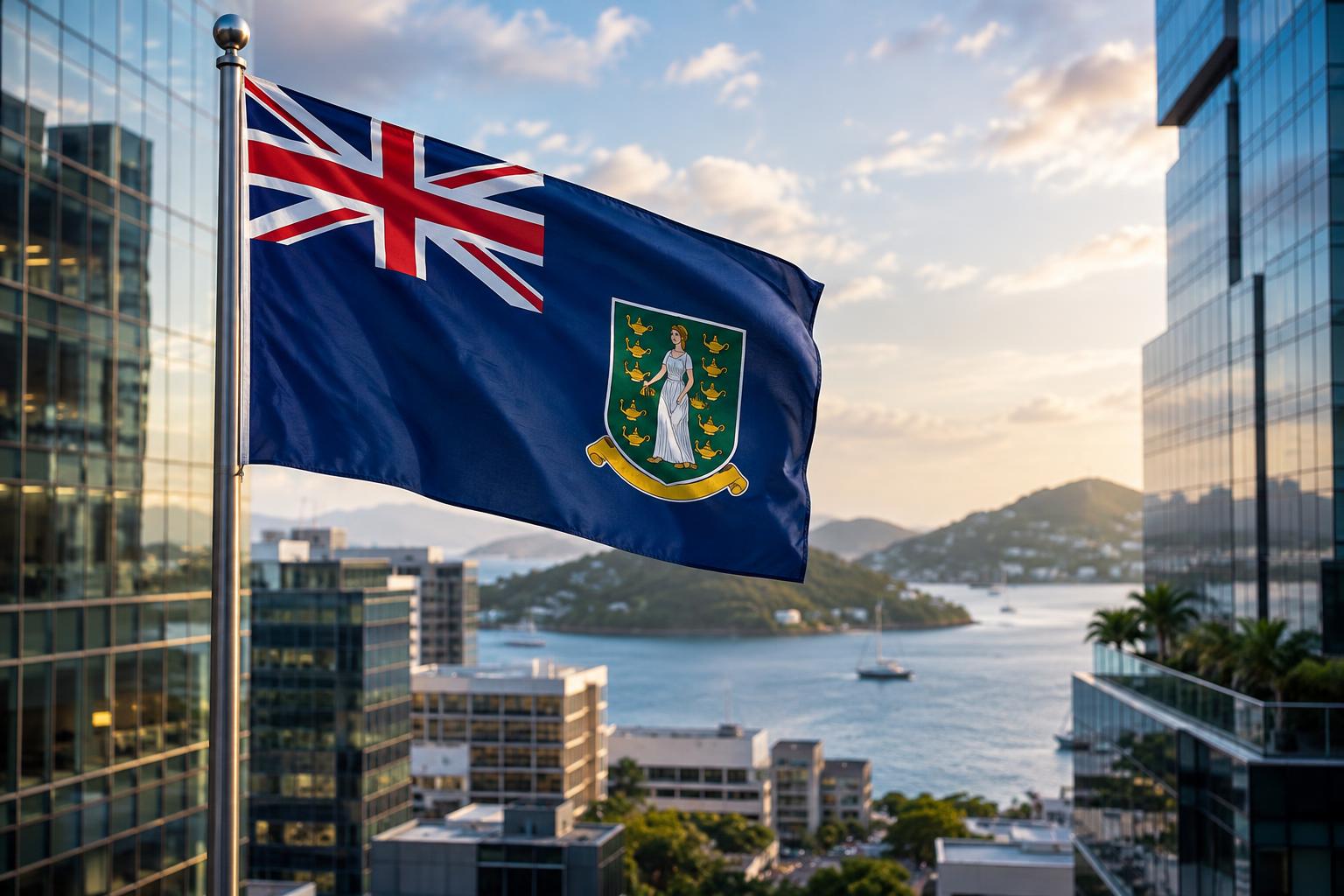 A modern office building or financial district scene with the BVI flag, representing the jurisdiction's financial services sector and professional excellence