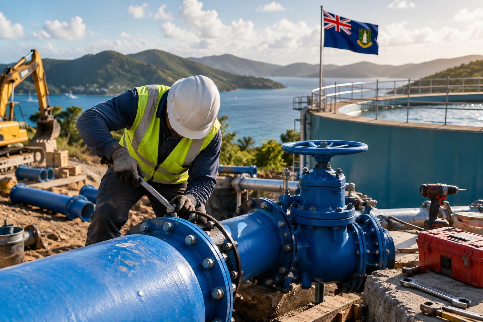 Water infrastructure repair work with pipes and reservoir equipment, the BVI flag visible in the background, daytime construction scene with tools and materials, cinematic lighting