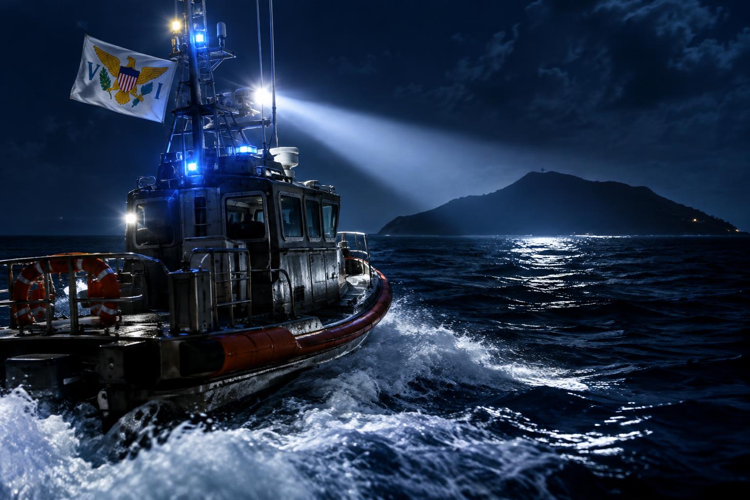 A rescue boat cutting through dark Caribbean waters at night with searchlights, the US Virgin Islands flag visible, Buck Island silhouetted in the distance, dramatic lighting suggesting urgency and nighttime rescue operations.