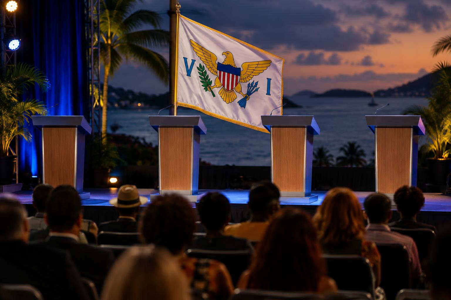 A public forum stage with multiple podiums and the US Virgin Islands flag displayed prominently, audience members seated facing the stage, evening lighting, no identifiable faces