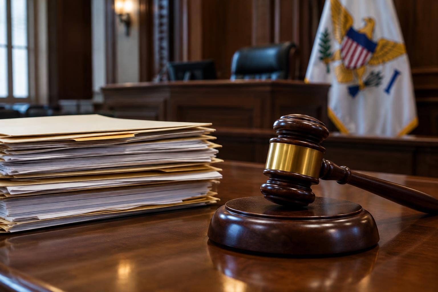 A stack of legal documents and a gavel on a desk inside a courtroom, with the US Virgin Islands flag visible in the background, soft courtroom lighting