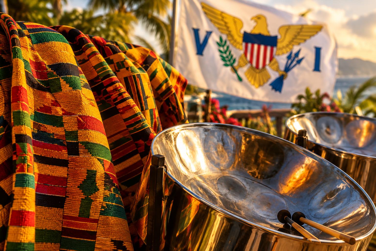 Vibrant West African kente cloth draped alongside Caribbean steel drums, with the US Virgin Islands flag in the background, warm golden lighting suggesting cultural celebration and artistic expression