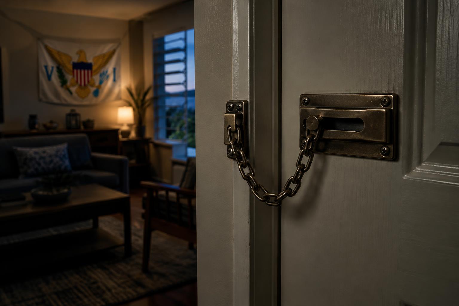 A closed door with a safety chain lock, interior home setting, muted lighting suggesting tension, US Virgin Islands flag visible in background, cinematic composition emphasizing security and protection