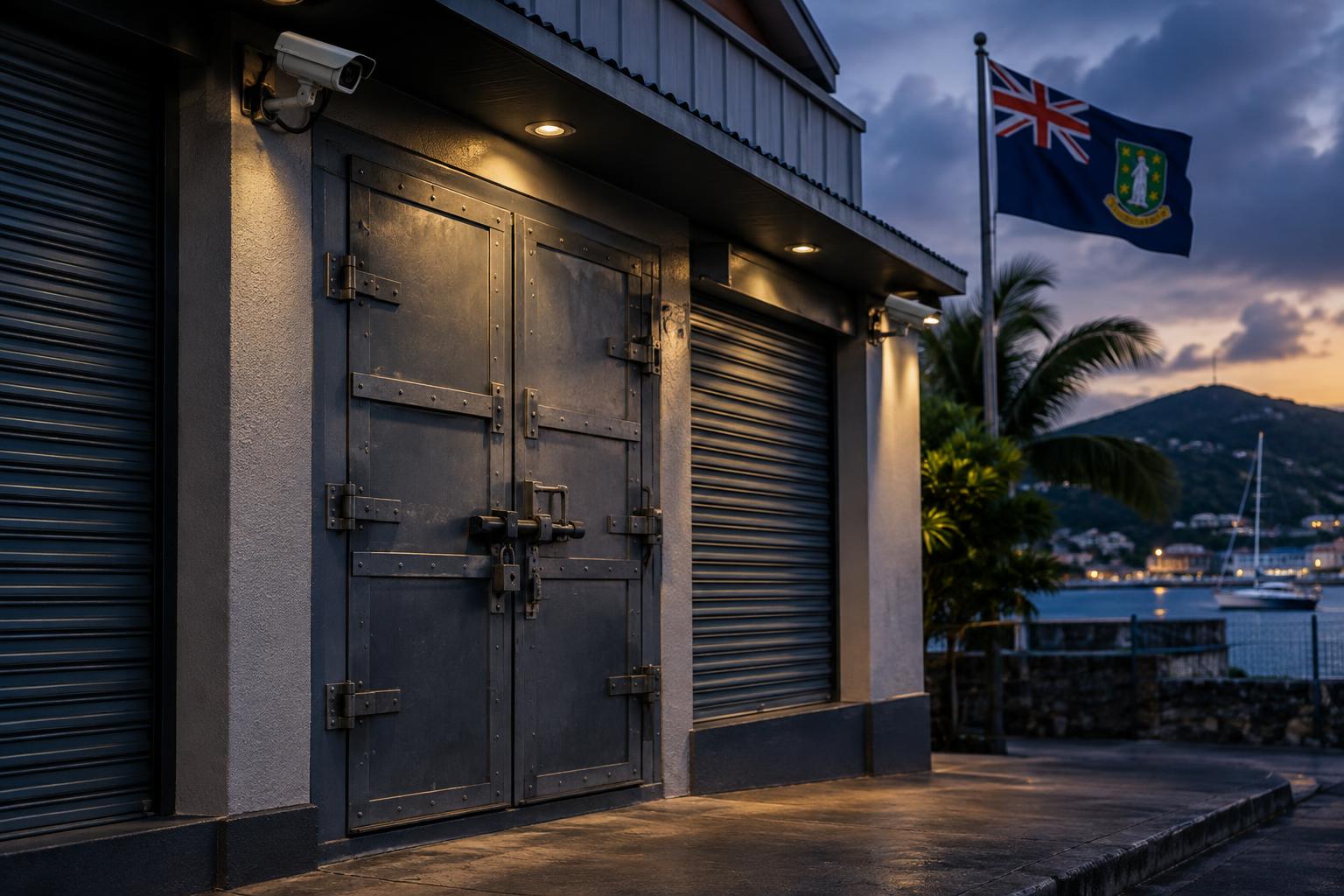 A closed or fortified storefront with reinforced doors and security cameras, the BVI flag visible in the background, dim evening light suggesting safety concerns, no people visible