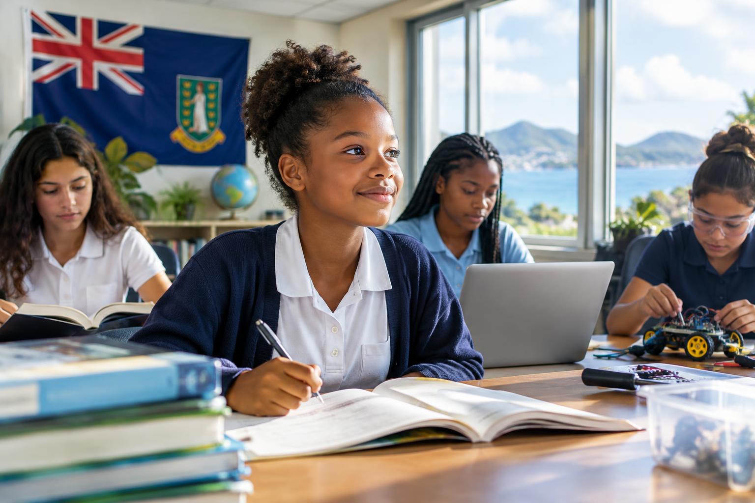 A diverse group of young girls in a classroom setting, engaged with books, laptops and STEM materials, with the BVI flag visible in the background, bright natural light streaming through windows, hopeful and empowering atmosphere.