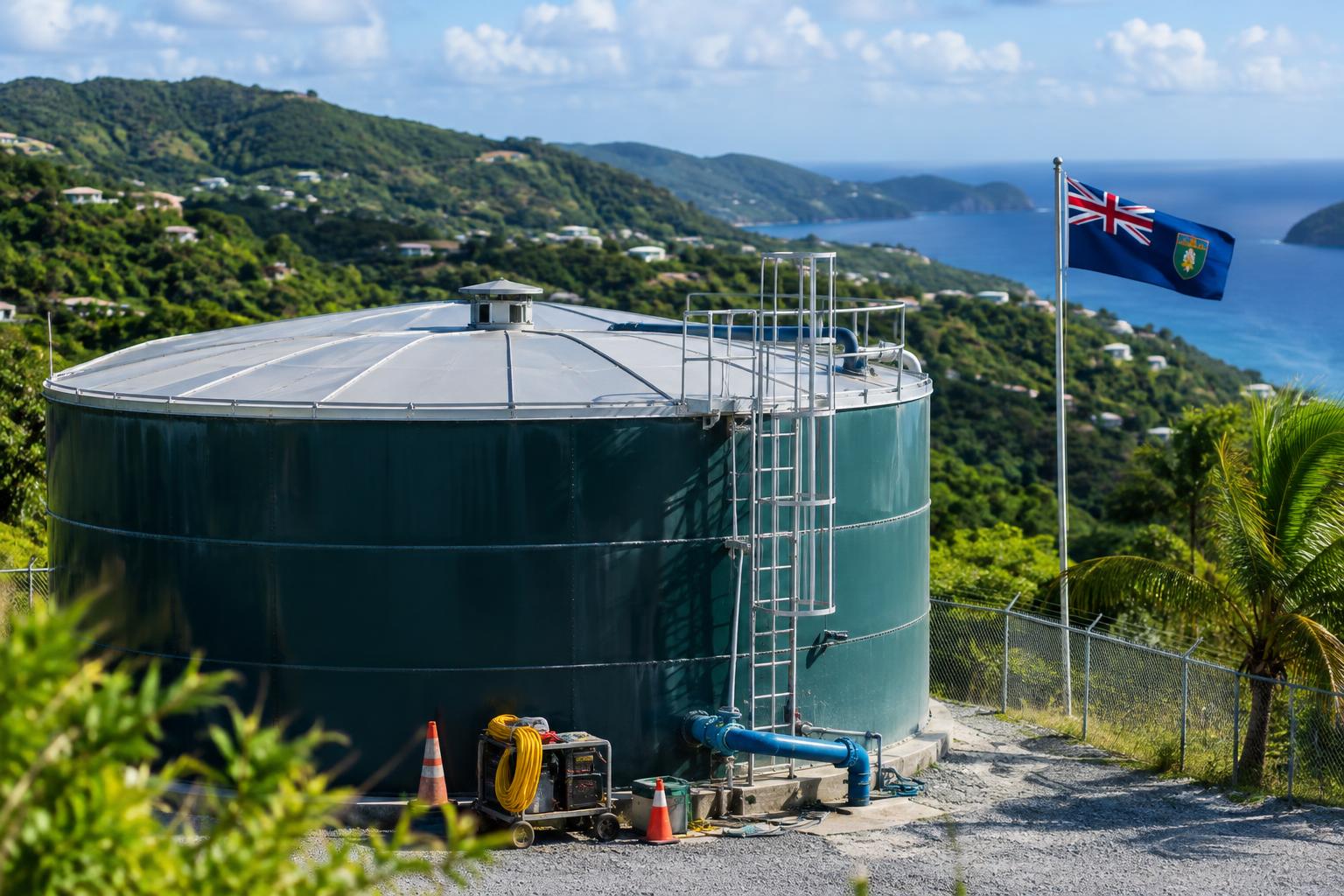 A large cylindrical water storage tank or reservoir with maintenance equipment nearby, the British Virgin Islands flag visible in the background, set against a tropical hillside landscape at daytime