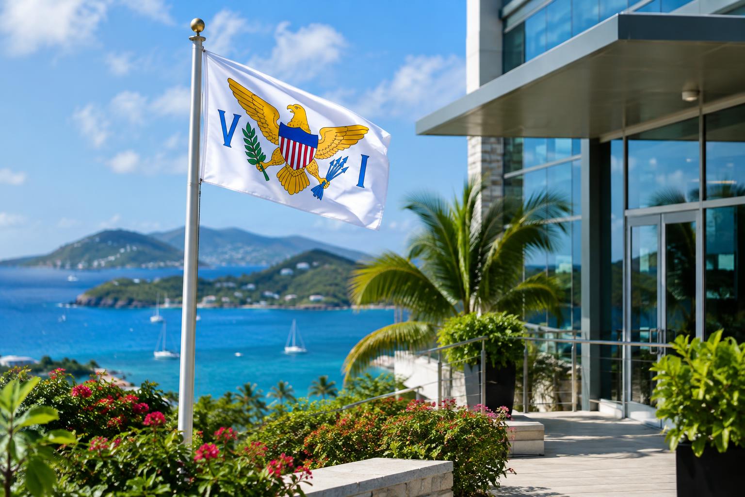 A modern office building or tourism board headquarters with the US Virgin Islands flag and Caribbean landscape in the background, professional and welcoming atmosphere, daytime lighting