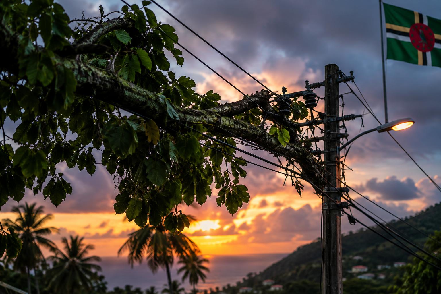 A large tree branch touching or tangled in electrical power lines against a tropical sky, with the Dominica flag visible in the corner, shot at dusk with dramatic lighting showing the hazard clearly.