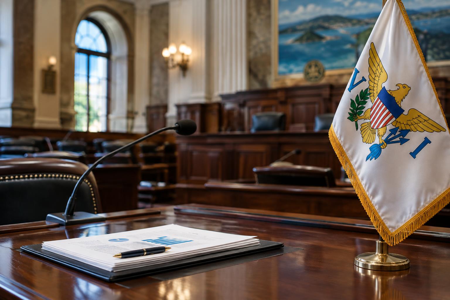 A legislative chamber or government building interior with the US Virgin Islands flag visible, representing economic policy discussions and oversight.