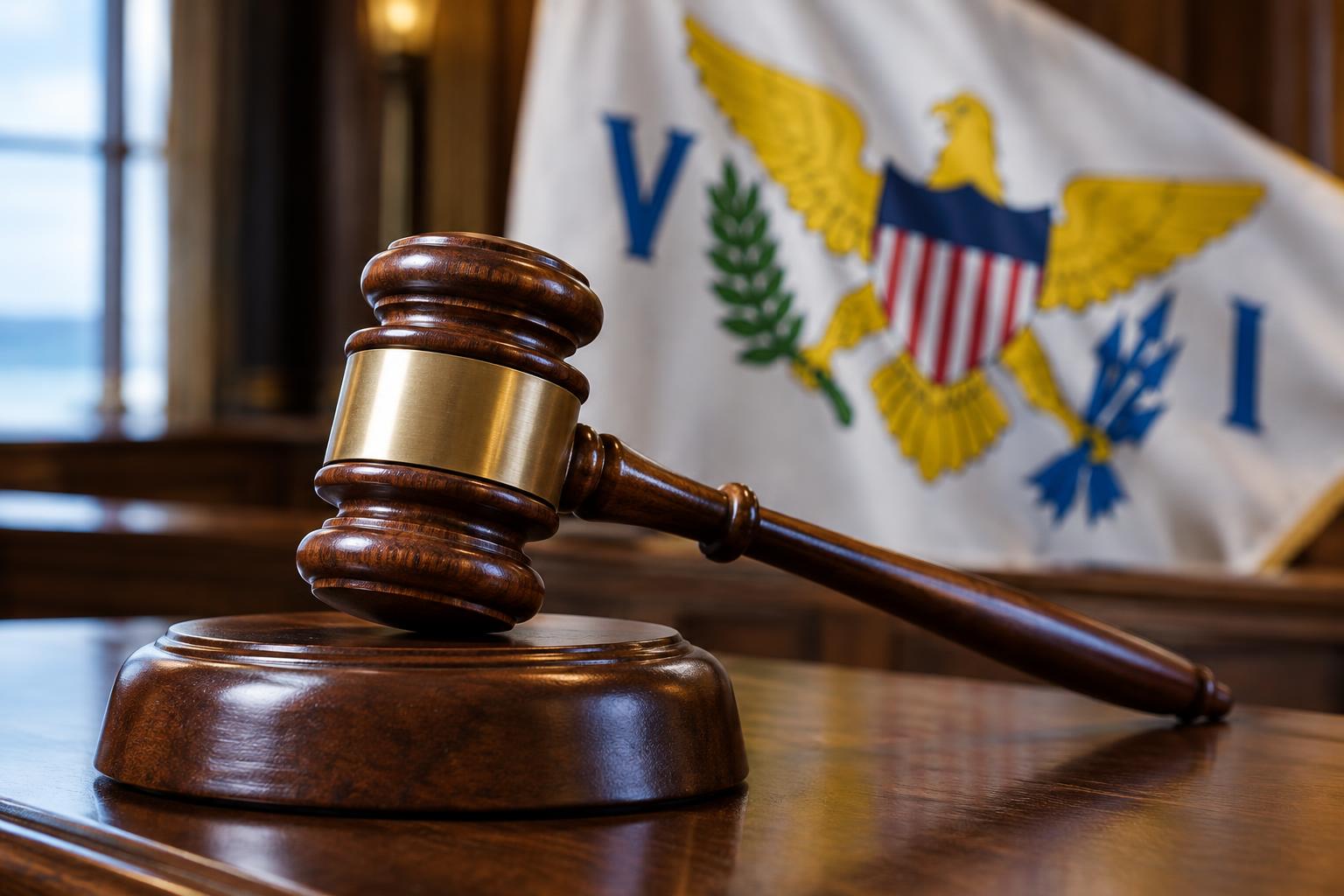 A wooden judge's gavel resting on a courthouse desk with the US Virgin Islands flag in soft focus behind, cinematic lighting, no people visible