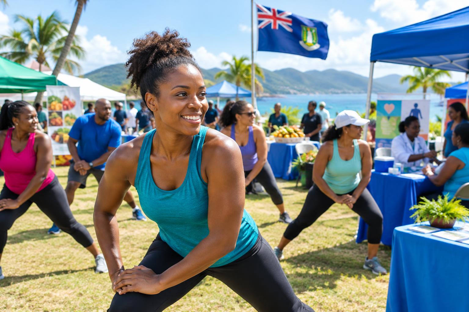 A diverse group of people participating in outdoor fitness activities at a community health fair, with a BVI flag visible in the background, bright Caribbean sunlight, wellness booths and health screening stations nearby, vibrant and energetic atmosphere