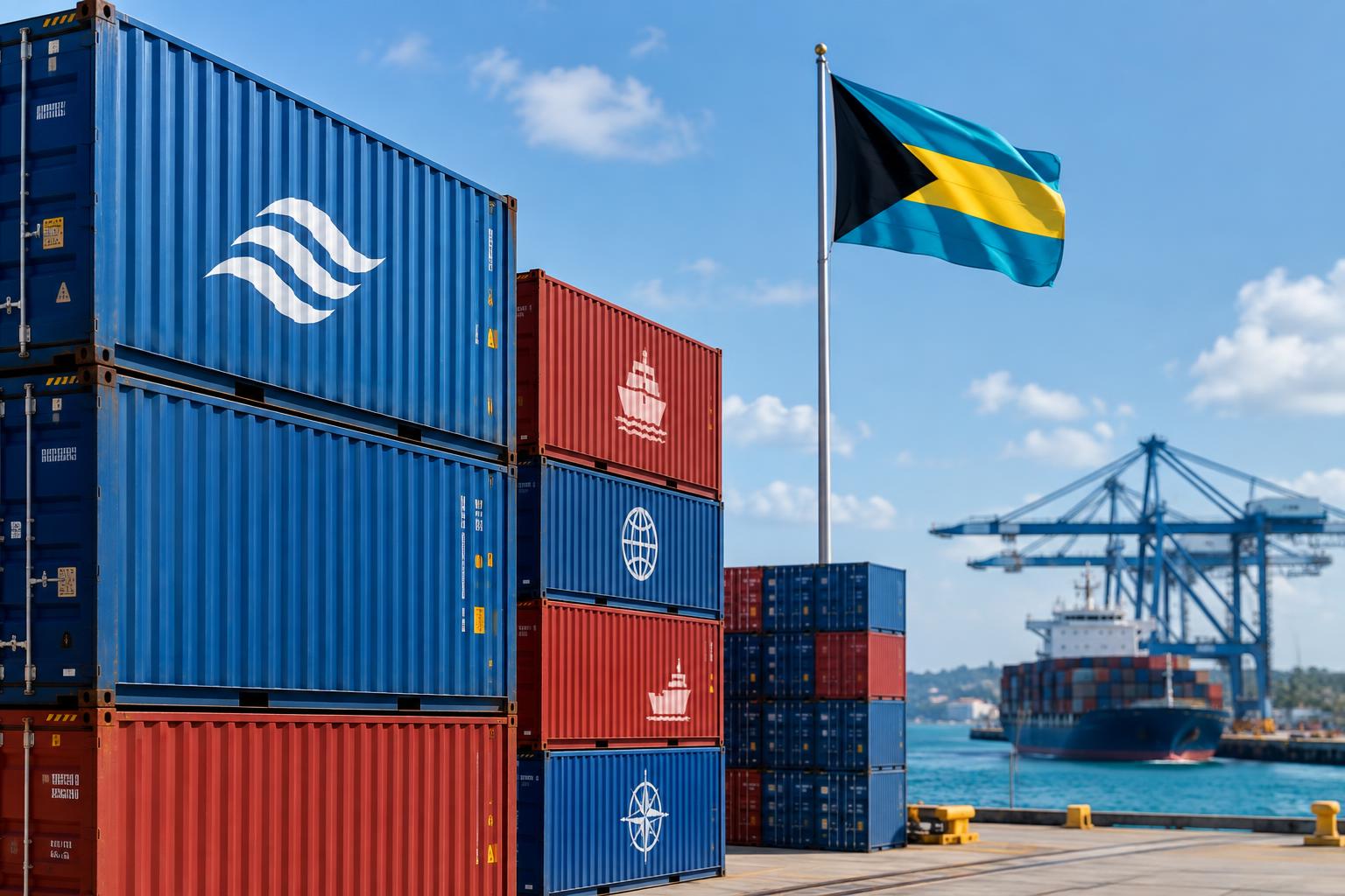 A stack of blue and red shipping containers at a port terminal with the Bahamas flag flying, containers labeled with shipping company logos, clear daylight, cinematic depth of field