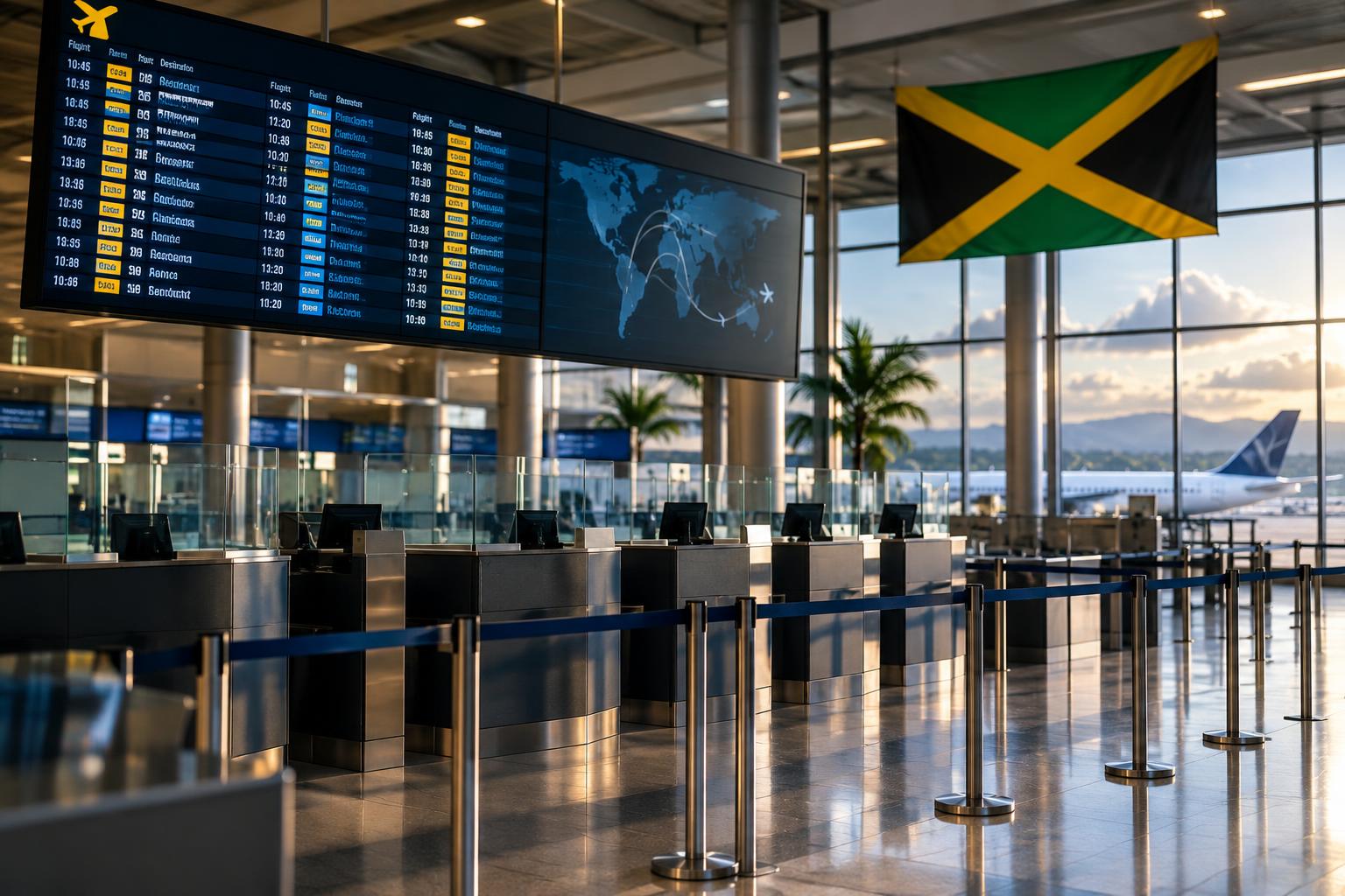 An airport terminal interior with departure boards and processing counters, the Jamaican flag visible, suggesting international travel and border operations, cinematic lighting, no people