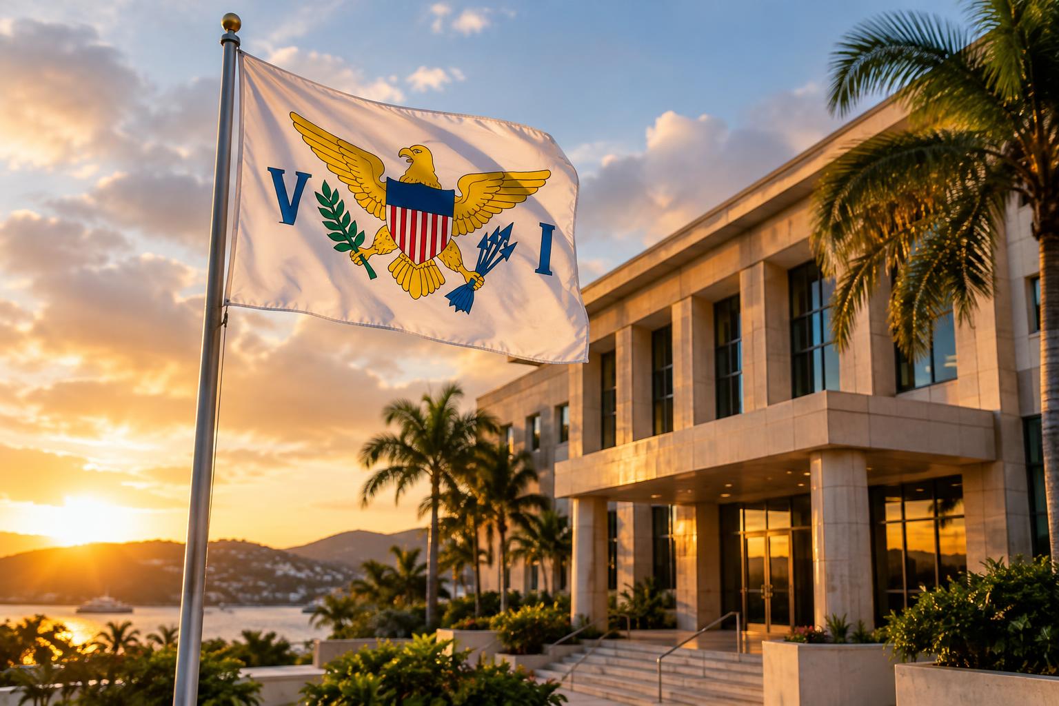 A modern government office building with the US Virgin Islands flag flying prominently, cinematic lighting at golden hour, professional and formal atmosphere