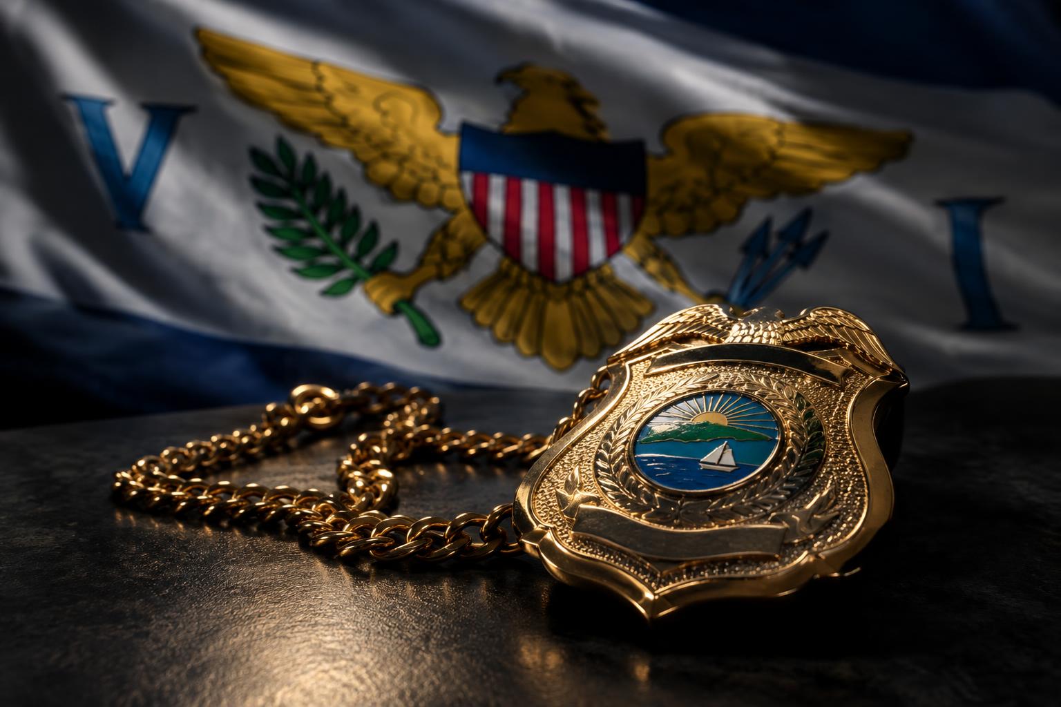 A gold chain and police officer's badge lying on a dark surface with the US Virgin Islands flag in the background, cinematic lighting, no people or faces visible