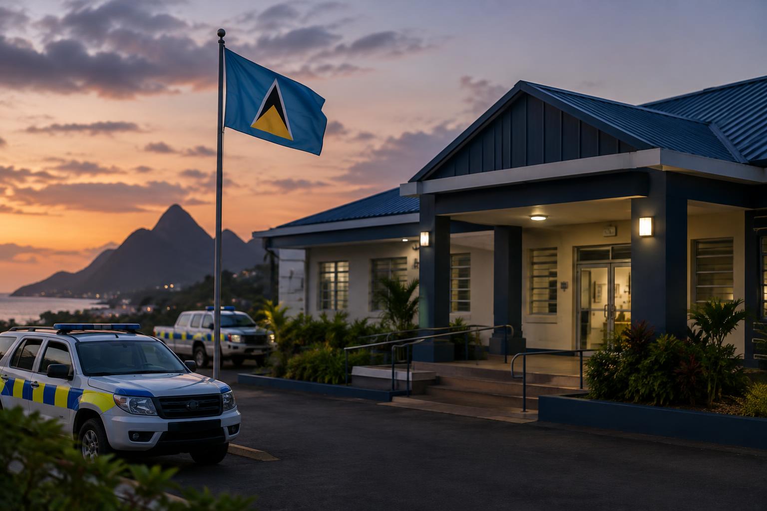 A police station building with the Saint Lucia flag flying, photographed at dusk with soft evening light, no people visible, conveying official response to a serious crime