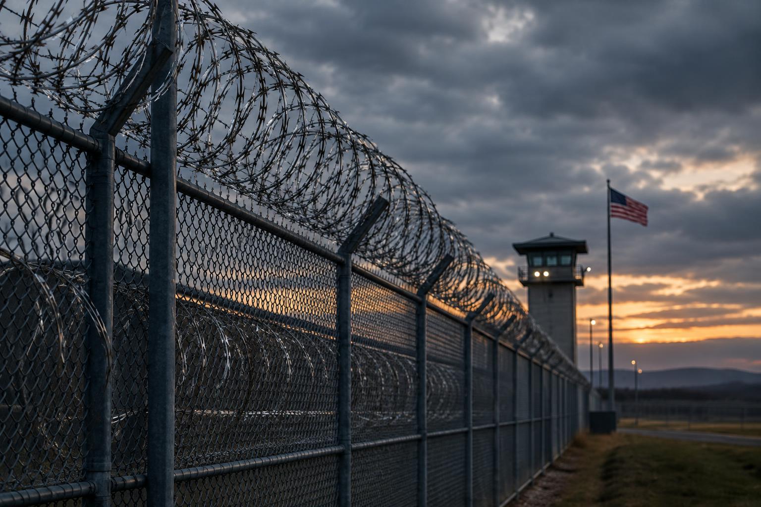 A high security prison fence with razor wire under overcast sky, the American flag visible in the distance, cinematic lighting at dusk, no people or identifiable details