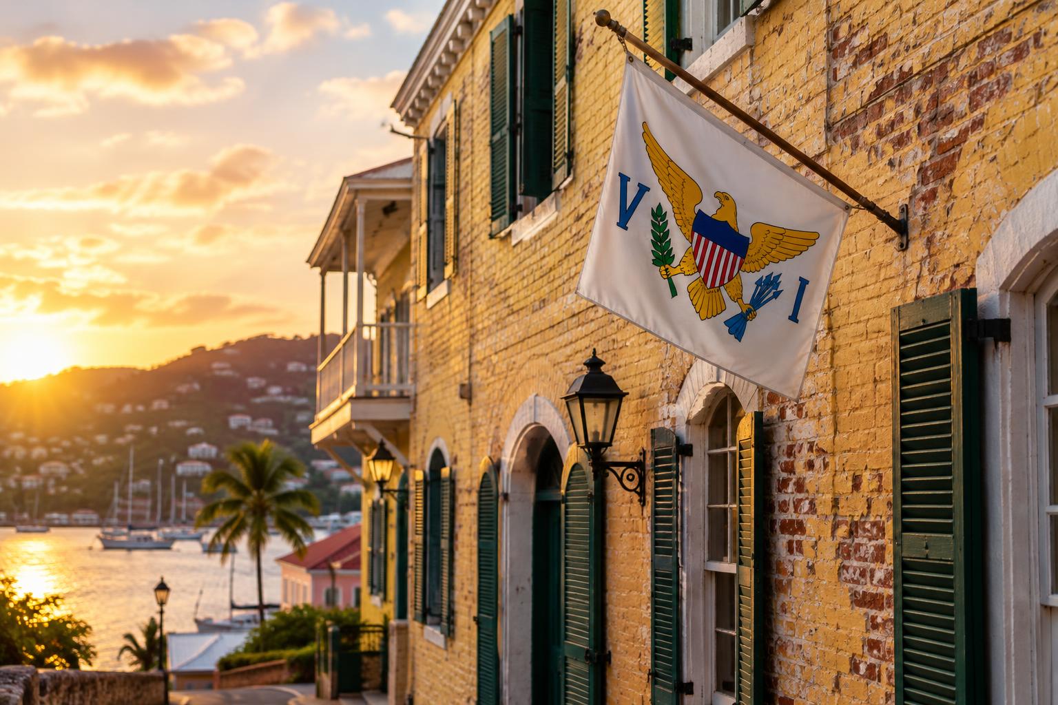A historic yellow brick building facade in downtown Charlotte Amalie with the US Virgin Islands flag, showing colonial-era architecture and weathered brick detail, golden hour lighting