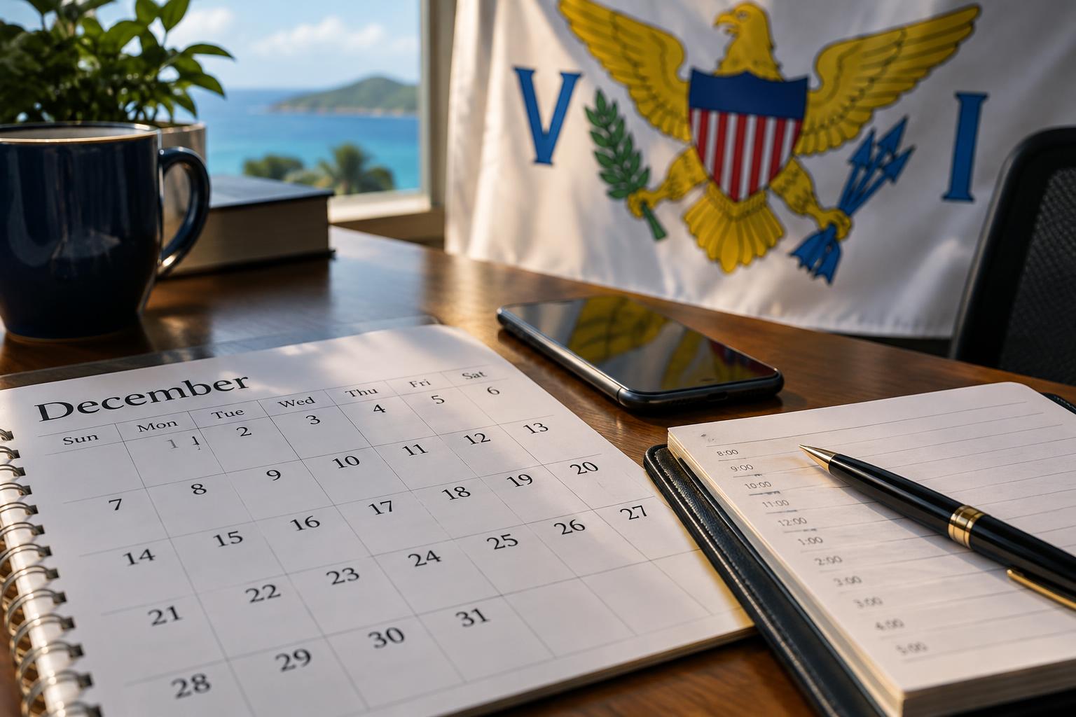 A calendar page showing December dates with an appointment book and phone, the US Virgin Islands flag visible in the background, soft office lighting