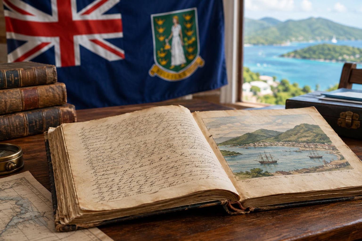 An open historical book or manuscript on a wooden table with the BVI flag in the background, soft natural lighting, suggesting archival research and local heritage documentation