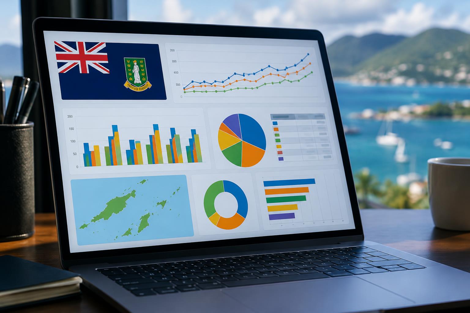 A computer screen displaying colorful data charts and graphs with the British Virgin Islands flag in the corner, representing statistical analysis and government data collection