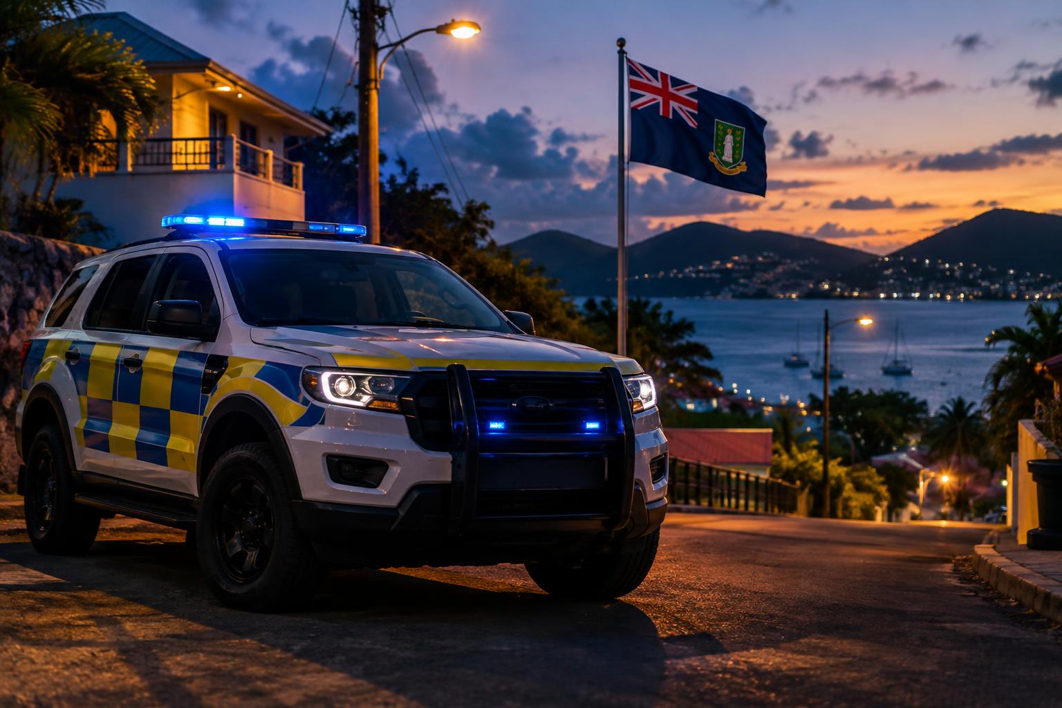 A police patrol vehicle parked on a Tortola street at dusk, with the BVI flag visible in the background, street lights casting shadows, cinematic lighting emphasizing vigilance and security presence.