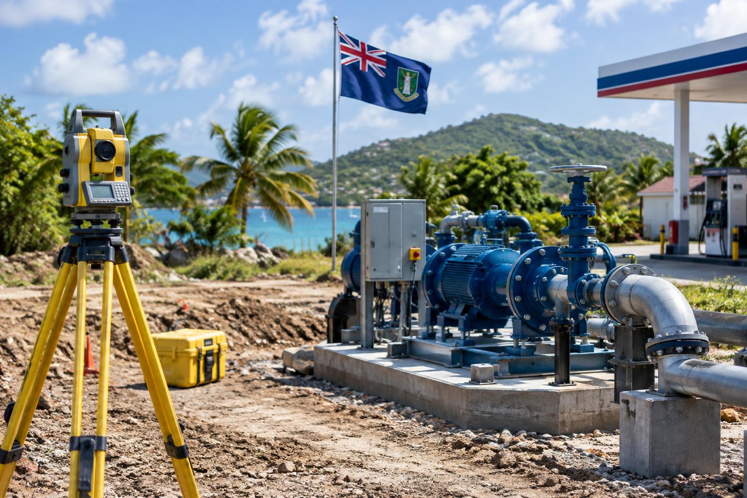 A cleared construction site with surveying equipment and pump station machinery, the BVI flag visible in the background, tropical vegetation and a gas station structure partially visible at the edge of the frame, daytime lighting
