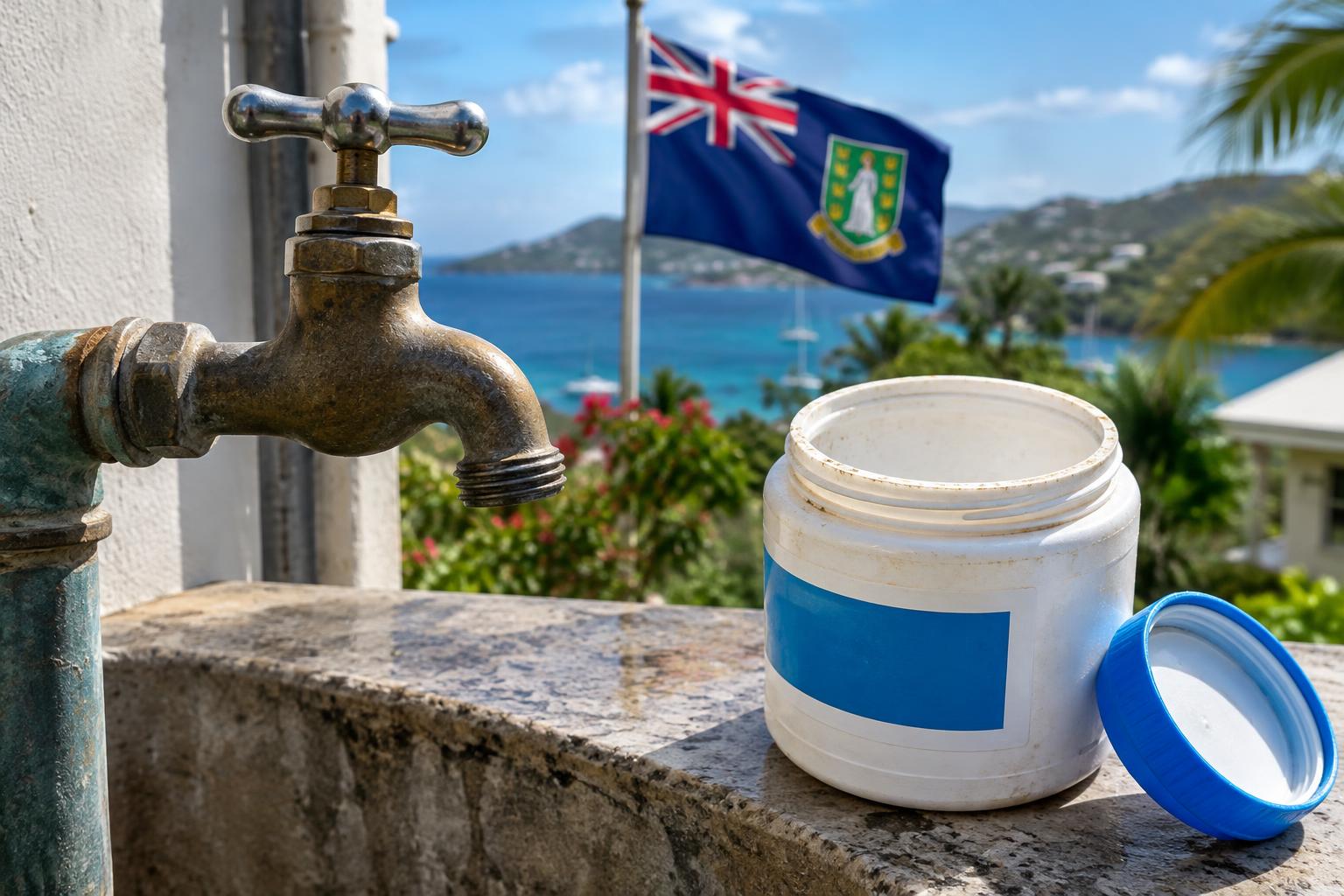 A residential water tap with no water flowing, a chlorine container beside it marked empty, the BVI flag visible in the background, natural daylight, no people