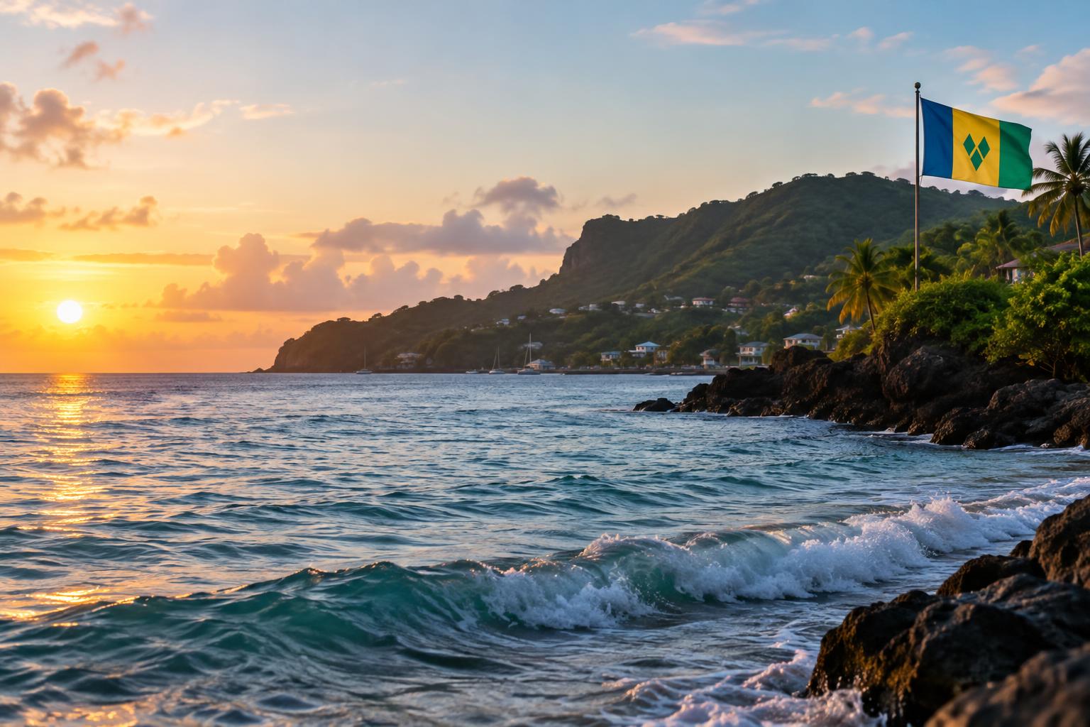 A calm Caribbean seascape at dawn with the flag of St. Vincent and the Grenadines visible on a distant shore, waves gently rolling, no bodies or graphic elements