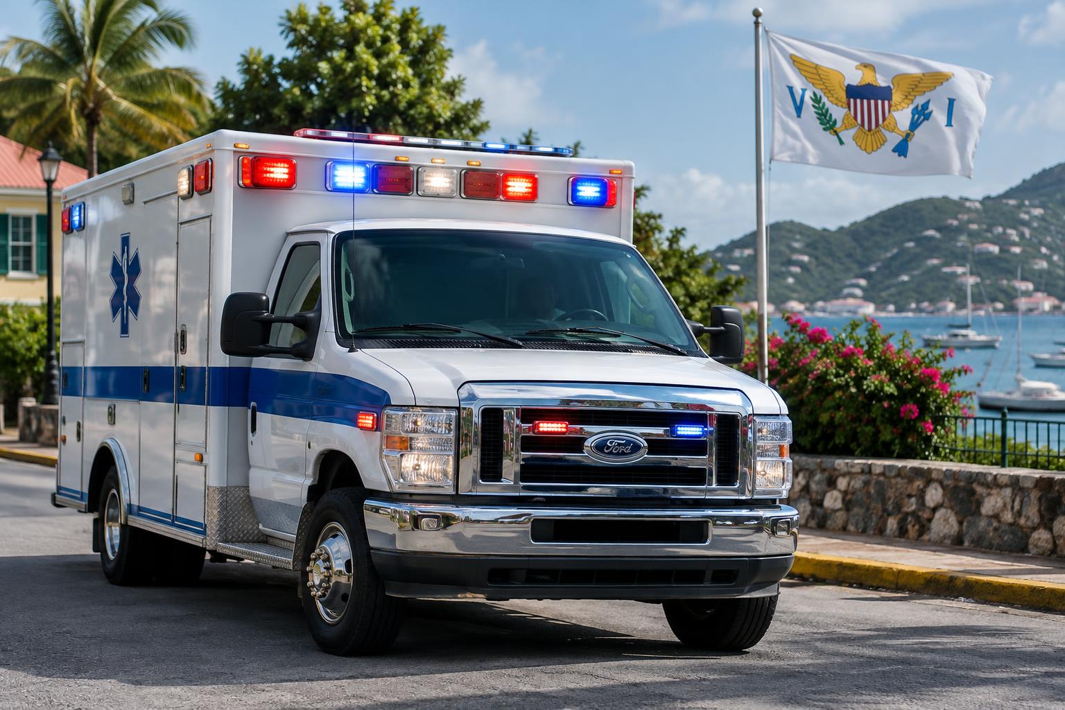 An ambulance with emergency lights on a street in the US Virgin Islands, the USVI flag visible in the background, daytime, professional medical setting