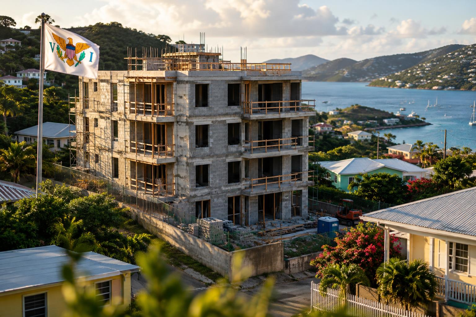 An under-construction multi-unit apartment building on a small residential lot, with the US Virgin Islands flag and St. Thomas landscape visible, showing the density contrast with surrounding single-family homes