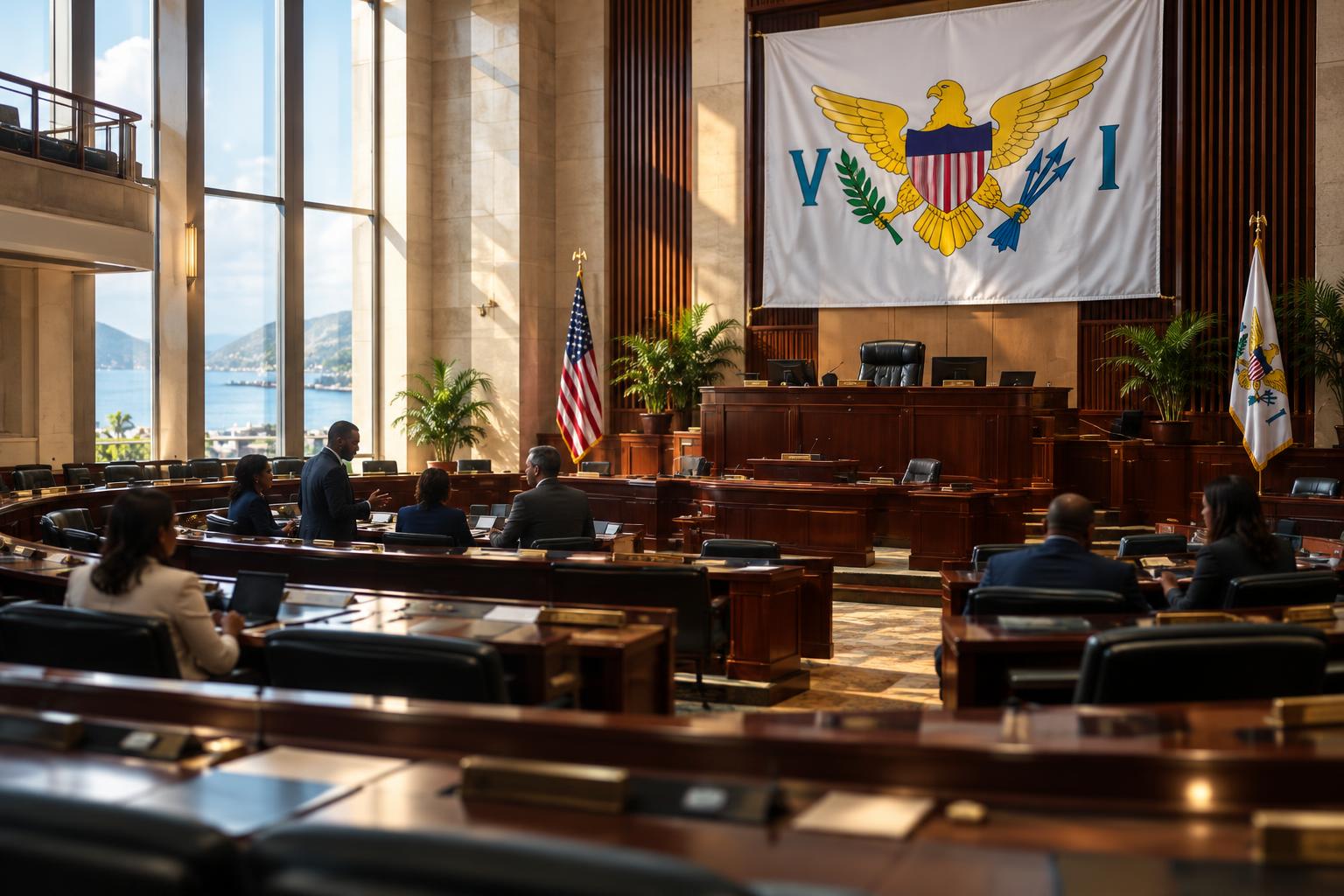 A modern legislative chamber with tiered seating and the US Virgin Islands flag prominently displayed, empty or with legislators in discussion, cinematic lighting from tall windows, representing democratic debate and governance.