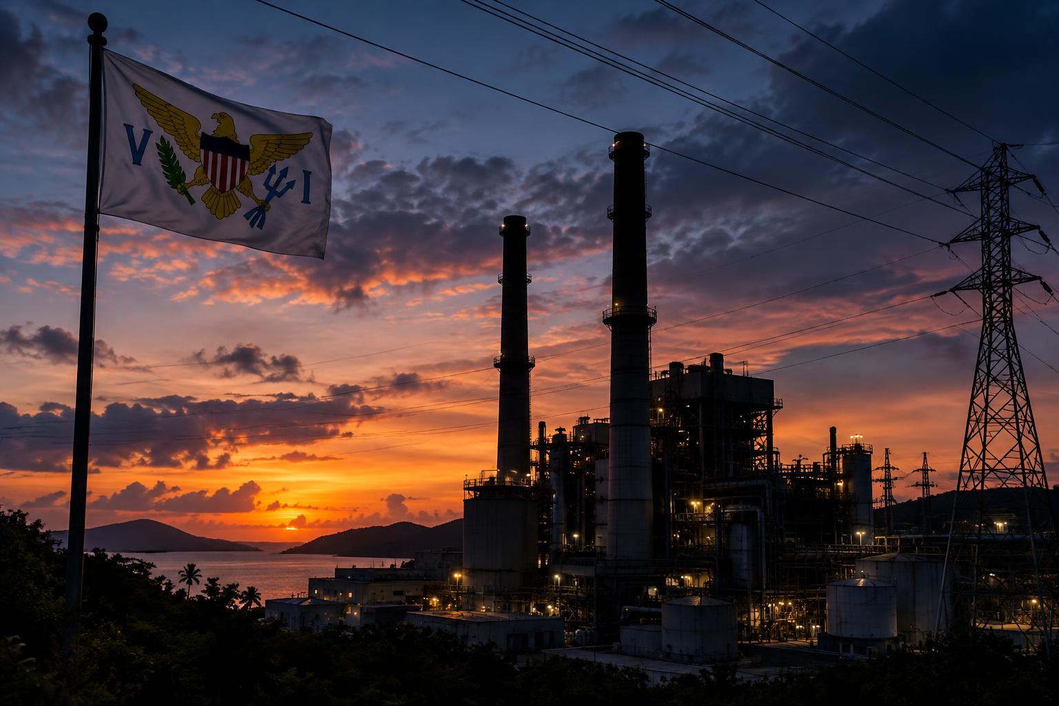 A darkened power plant silhouetted against a twilight sky with the US Virgin Islands flag flying nearby, electrical transmission lines visible overhead, no people visible, cinematic lighting emphasizing the scale of the facility