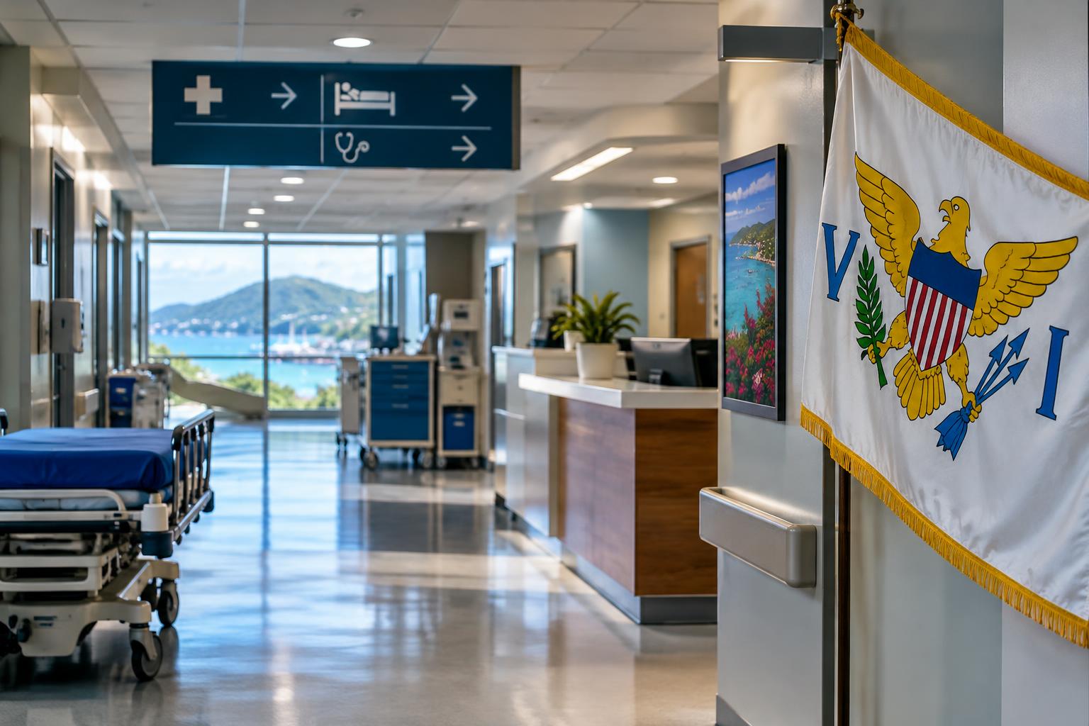 A modern hospital corridor with medical signage and the US Virgin Islands flag, suggesting healthcare facilities and clinical services on St. Thomas, cinematic lighting, no people visible