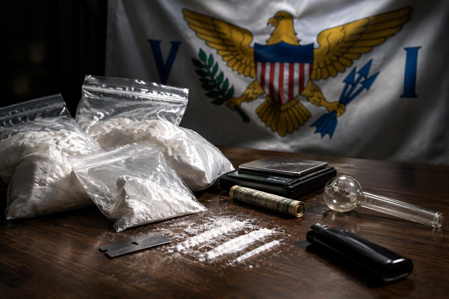 Bags of white powder and drug paraphernalia on a table with the US Virgin Islands flag in background, dramatic overhead lighting, no identifiable people, no blood or bodies