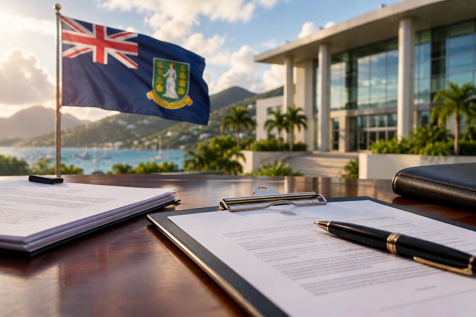 Official government paperwork and a clipboard on a desk, with the British Virgin Islands flag and a modern government building visible in the background, cinematic lighting