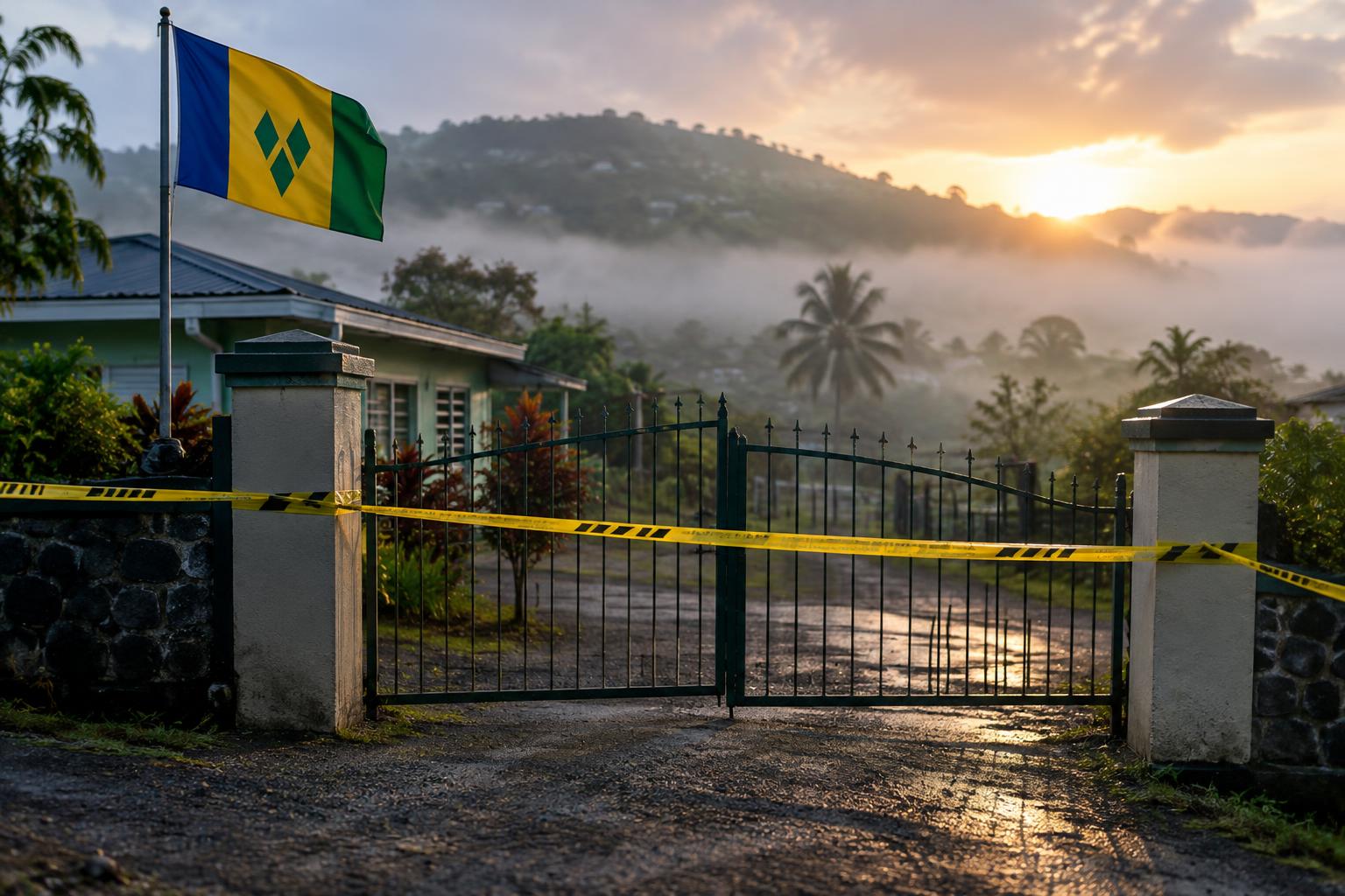 A rural compound gate at dawn with the flag of St. Vincent and the Grenadines, police tape cordoning off the entrance, morning mist in the background, cinematic lighting, no identifiable people