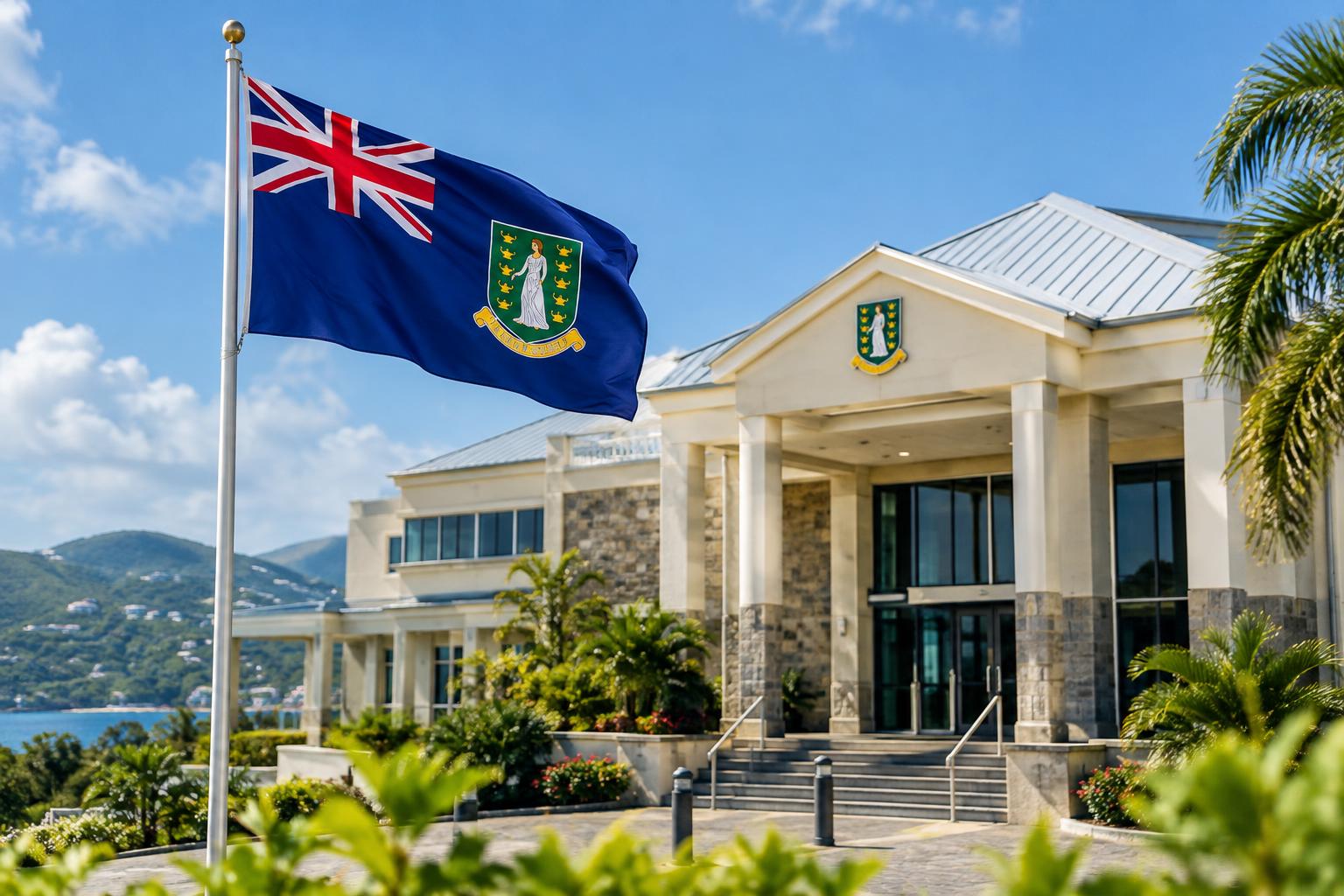 A modern government building with the British Virgin Islands flag flying prominently, representing the House of Assembly where electoral decisions are made, shot in daylight with clear architectural detail.
